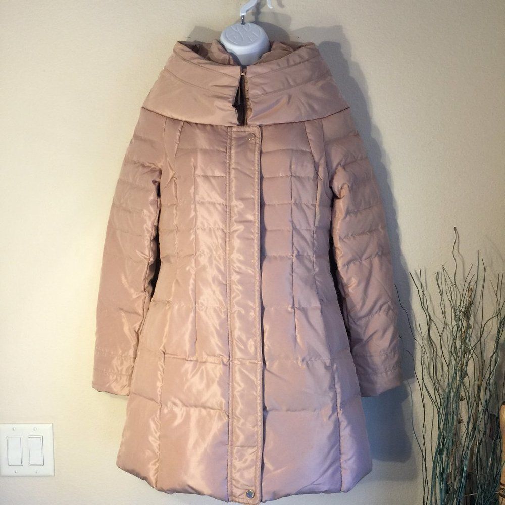 La Chapelle Rose Gold Pink Puffer Coat Funnel Neck Car Length Medium New